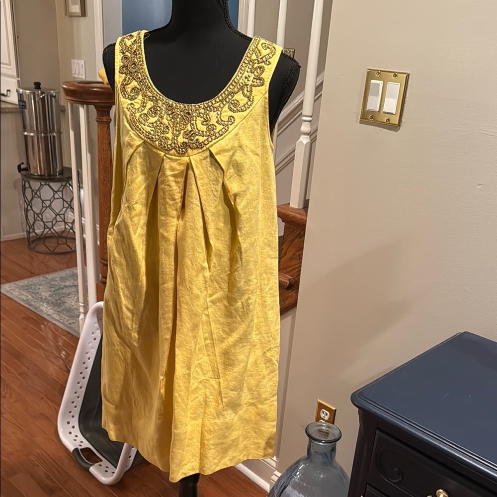 Linen Yellow Embellished Sleeveless Dress size 4 like new
